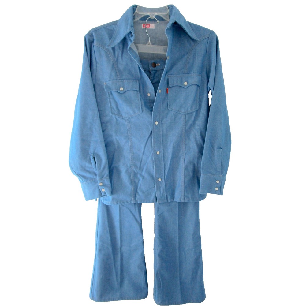 1970's Levi's Wide Leg Womens Medium Denim Pant Shirt Set Orange Tab